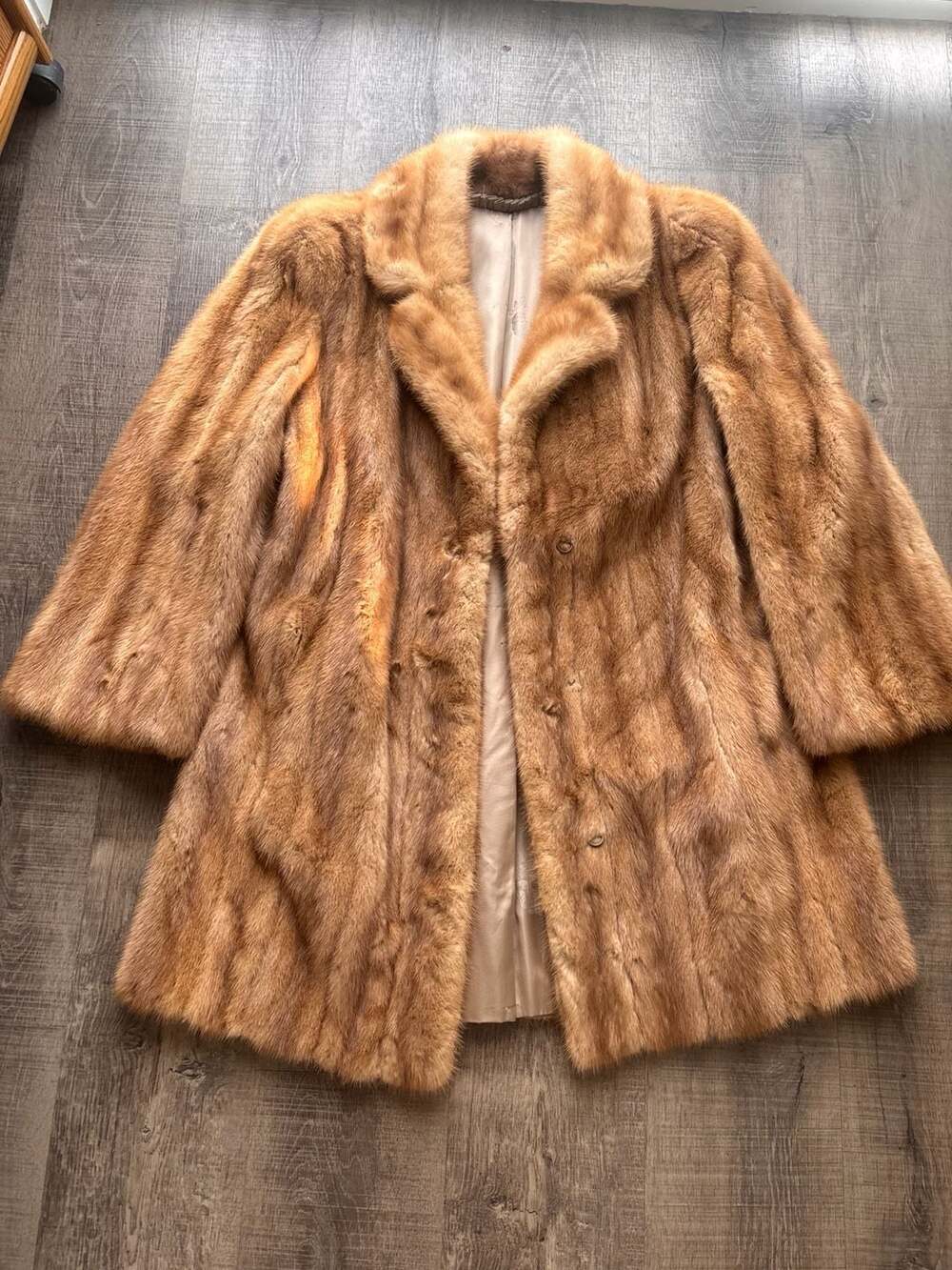 Vintage Mid-Length Brown Mink Fur Coat with Embroidered Satin Lining